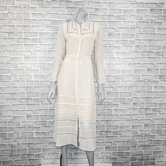 REFORMATION Women's Kristen Long Sleeve Midi Dress in Ivory Lace trim size 4 - Picture 2 of 10